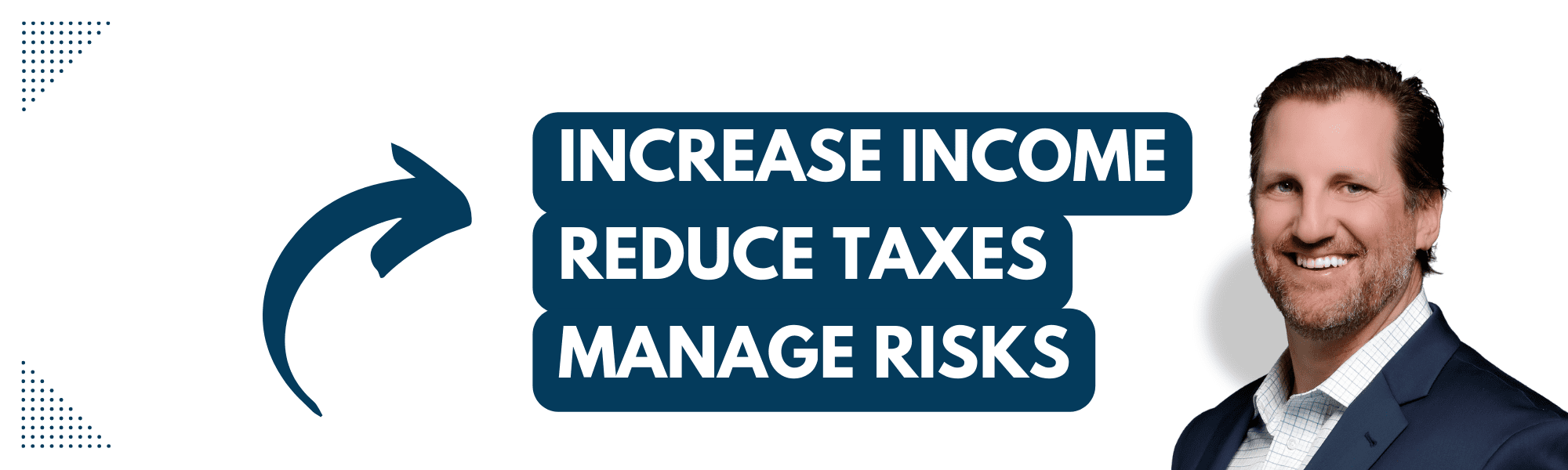 A confident professional smiling next to a banner showcasing financial strategies: 