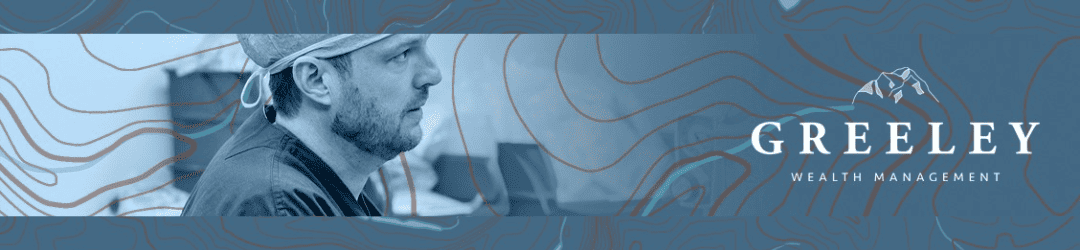 A contemplative professional in focus, set against a sleek, abstract blue background, alongside the branding for 