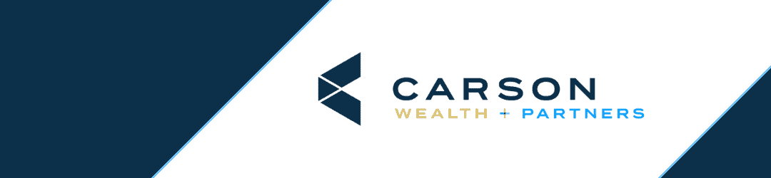 A sleek professional graphic featuring the carson wealth + partners logo, with a dominant navy blue color theme and a geometric design element, representing the branding of a financial or wealth management firm.