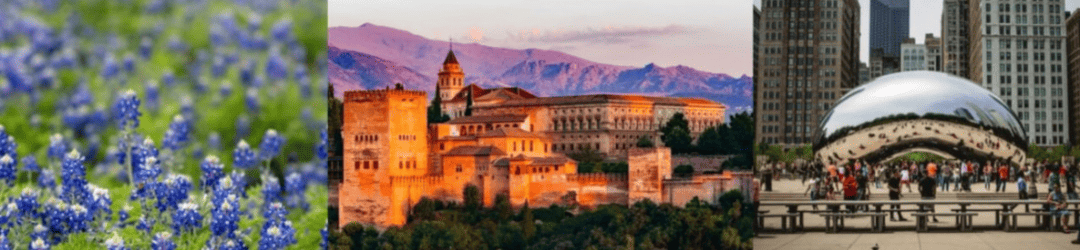 A triptych of diverse scenes: a close-up of vibrant bluebonnet flowers, the historic alhambra palace against a mountainous backdrop at dusk, and the shiny, reflective cloud gate sculpture in a bustling city plaza.