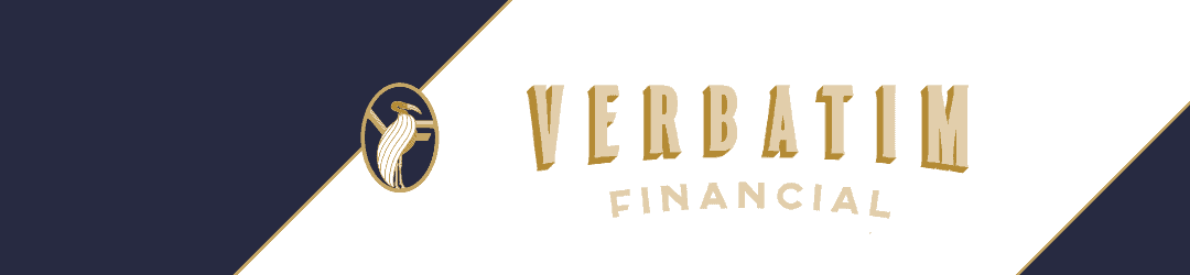 Elegant corporate branding featuring a golden emblem for verbatim financial on a sleek, diagonal split background of navy and cream.