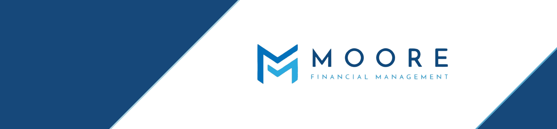 An elegant banner featuring the logo for moore financial management, set against a dual-tone blue background, conveying a sense of professionalism and trust in the field of finance.