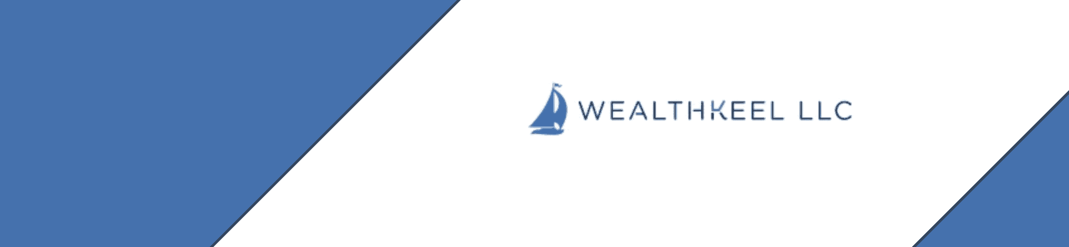 The image displays the logo of wealthkeel llc on a white diagonal stripe running through the center of the image, with a blue background visible on either side of the stripe. the logo features a stylized sailboat design above the text.