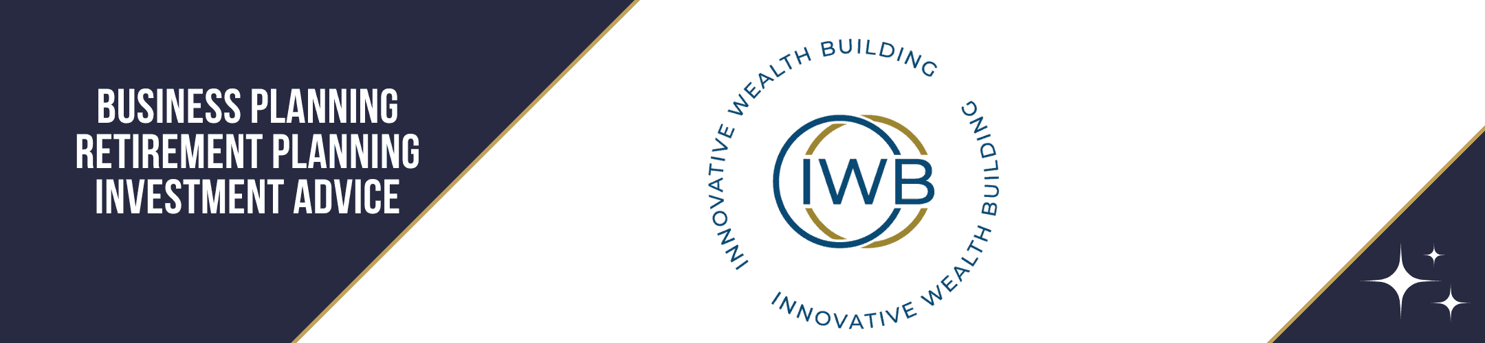 A banner with the text “BUSINESS PLANNING, RETIREMENT PLANNING, INVESTMENT ADVICE” on the left. The center shows a circular emblem with the initials 