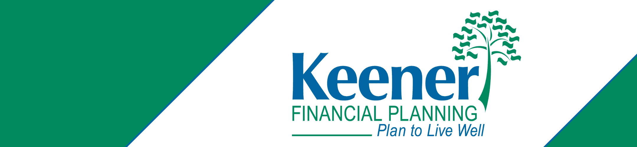 A logo for Keener Financial Planning featuring the company name in blue with a vertical green ribbon forming a tree on the right. The tagline beneath reads 