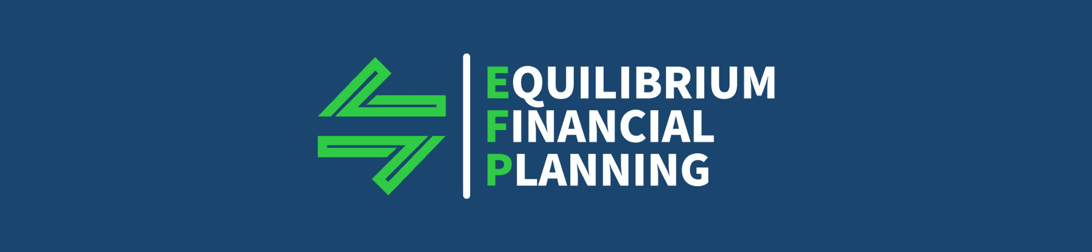 Logo of Equilibrium Financial Planning on a blue background. The design features stylized green arrows forming the initials 