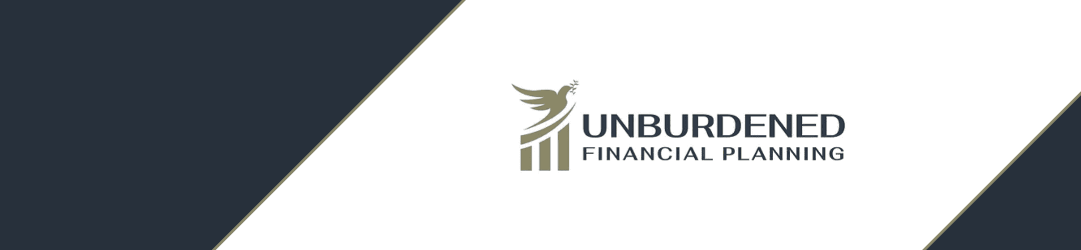 Logo of Unburdened Financial Planning featuring a stylized bird with outstretched wings perched on three vertical bars resembling a financial graph. The design combines gold and navy blue colors against a white background with navy blue diagonal borders.