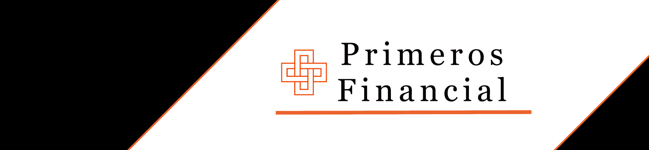 Logo of Primeros Financial featuring a geometric orange pattern next to the company's name in black text on a white and black background, with an orange underline beneath the text.