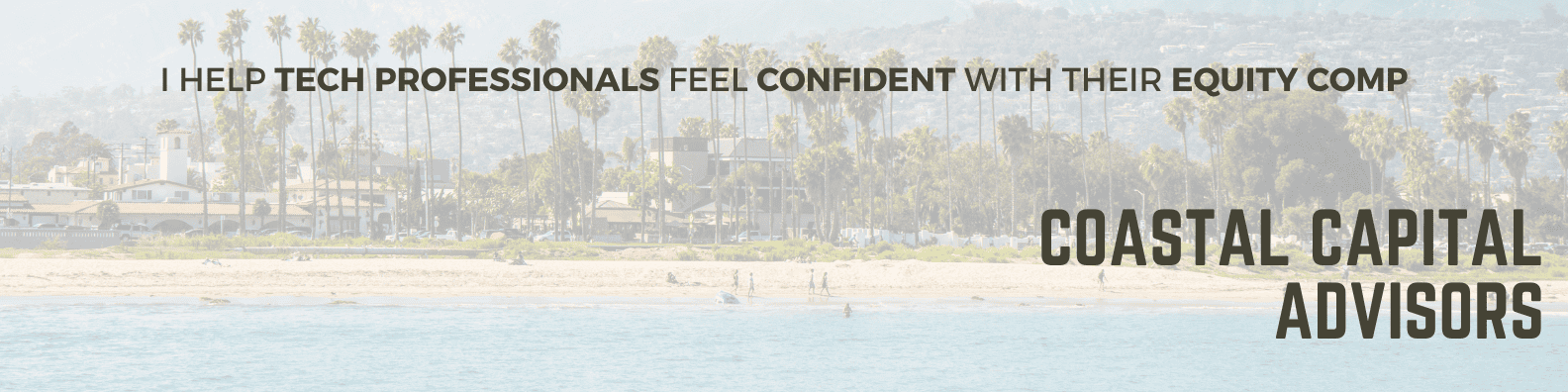 A scenic beach view with palm trees and buildings in the background. The text reads, 