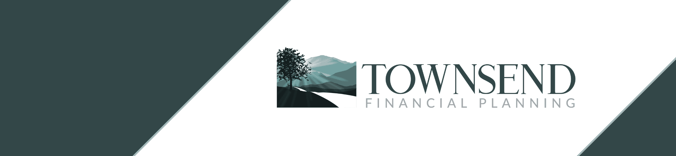 Logo of Townsend Financial Planning featuring a stylized tree and mountain landscape on a white and dark green diagonal background.