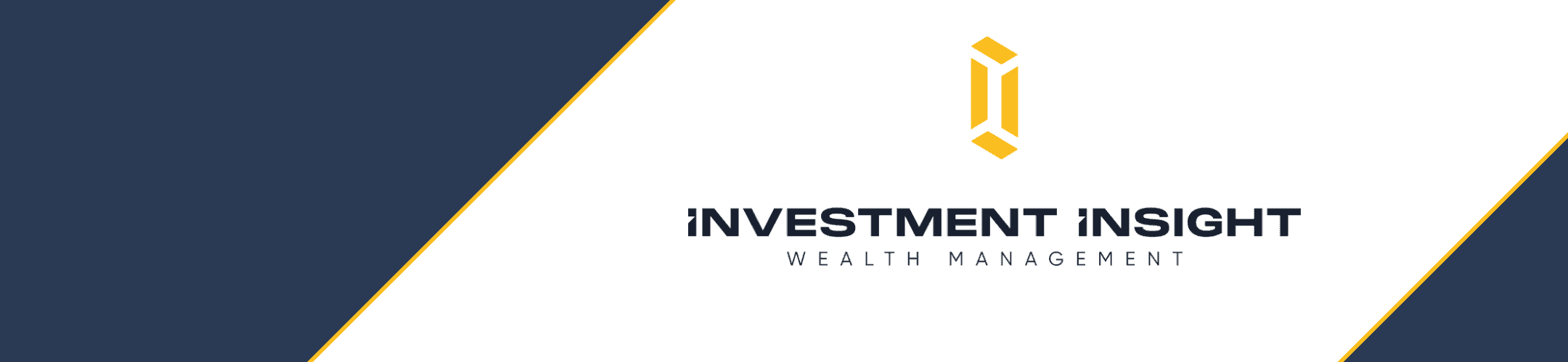 Logo for Investment Insight Wealth Management on a white background with navy and gold diagonal borders. The logo features a stylized yellow 