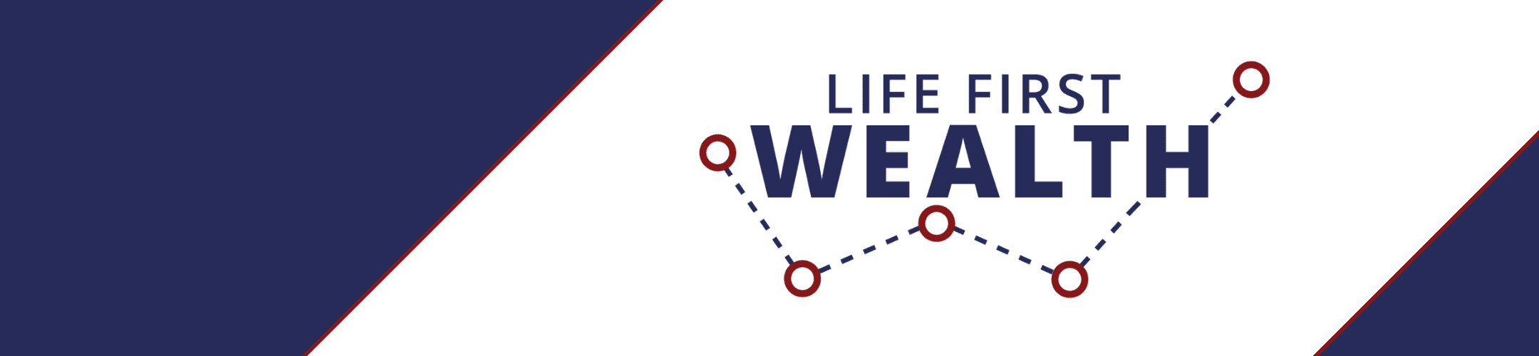 A navy and white banner with diagonal stripes. The words 