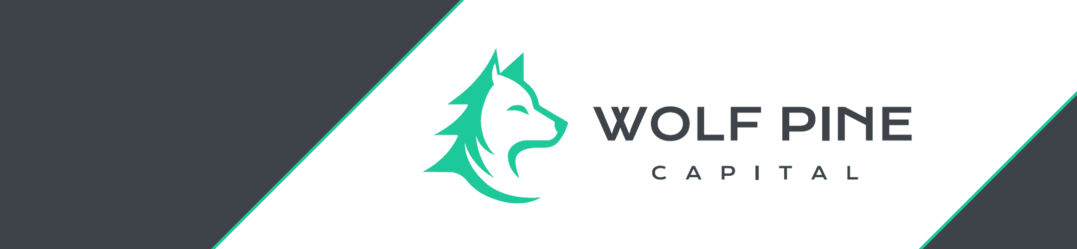 Logo for Wolf Pine Capital. The design features a teal wolf silhouette adjacent to the company name in bold black text. The background is divided diagonally with dark gray on the left and white on the right.