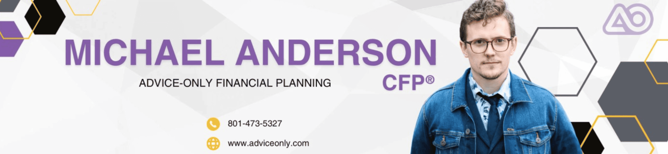 Banner for financial planning features a person in a denim jacket and glasses. Text reads 