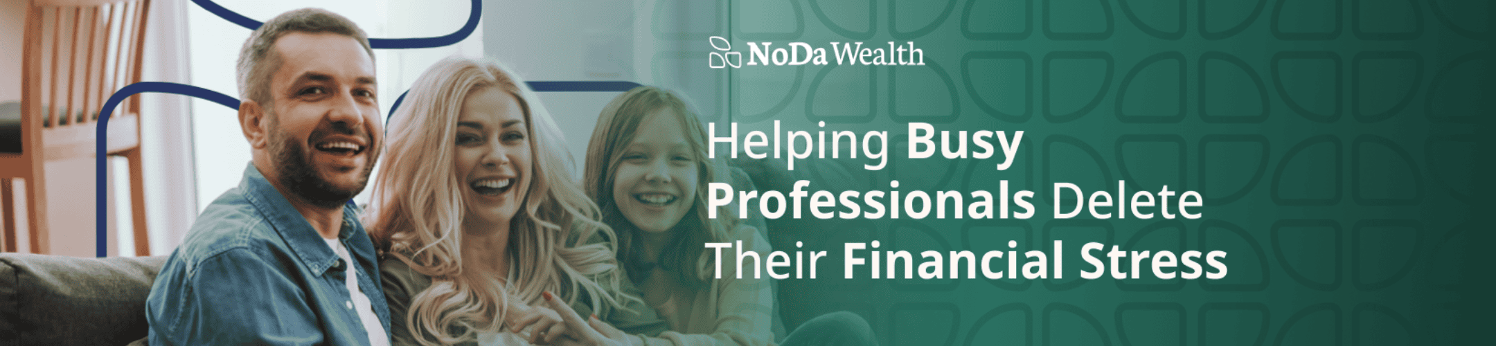 A smiling man, woman, and child sit together on a couch beside the text: 