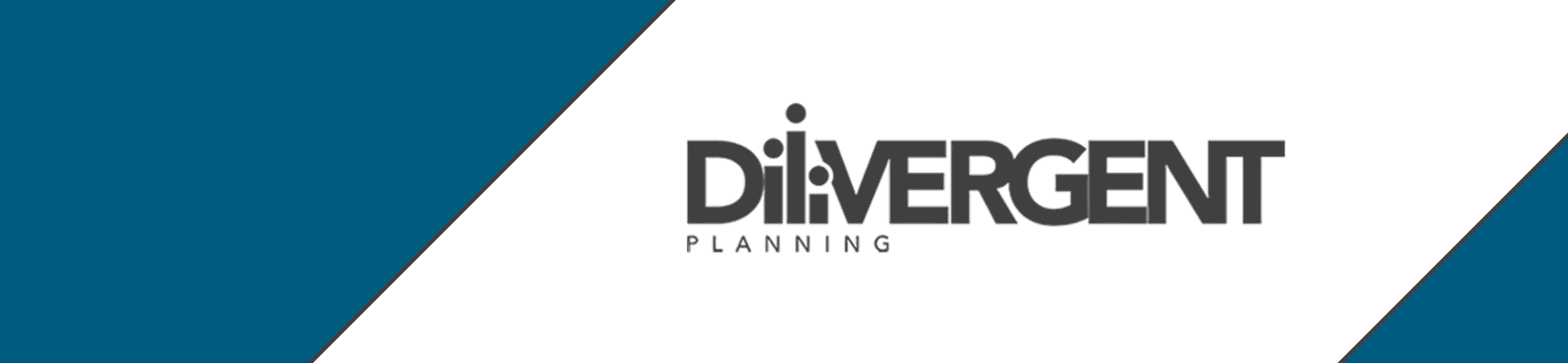 Logo for Divergent Planning with bold black text on a white background, flanked by diagonal blue bars on the left and right sides.