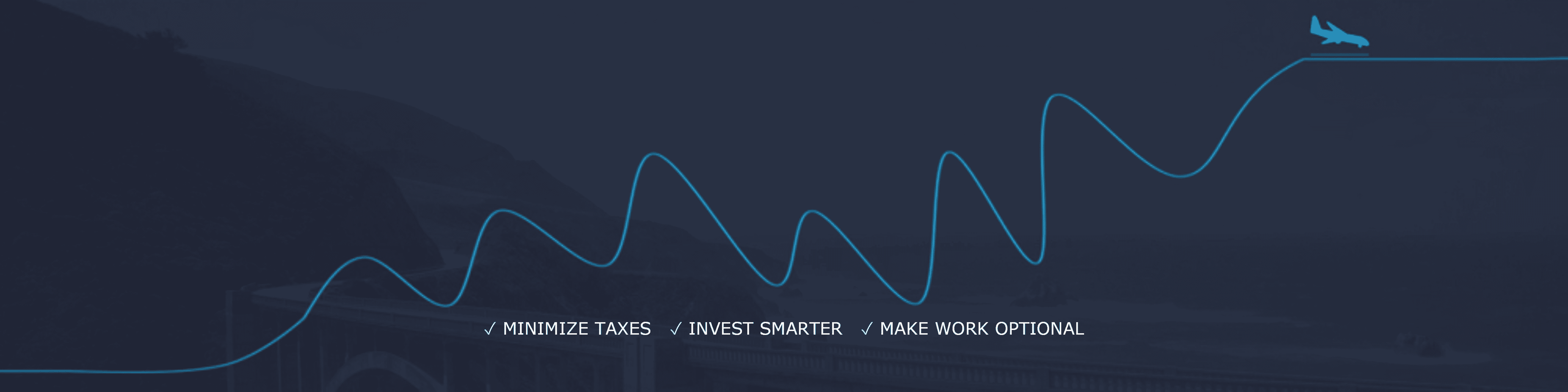 A stylized blue line graph rises and falls across a scenic coastal landscape, ending with a person diving off a platform. Text below reads: 