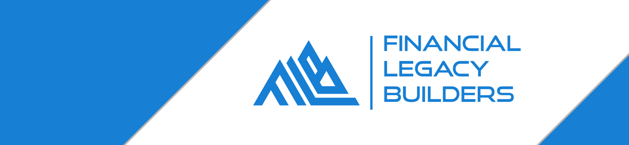 Logo for Financial Legacy Builders featuring stylized blue mountain peaks and bold blue text on a white background with angled blue borders.