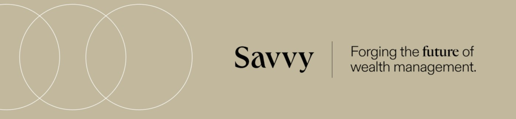 A beige background with three overlapping white circles on the left. On the right, the text reads: 