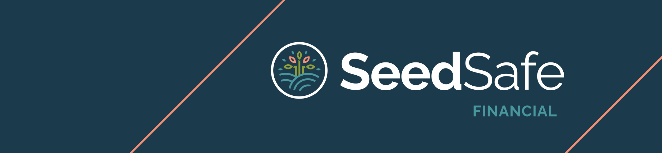 SeedSafe Financial logo on a dark blue background, featuring a circular emblem with a stylized plant and field, and the words 