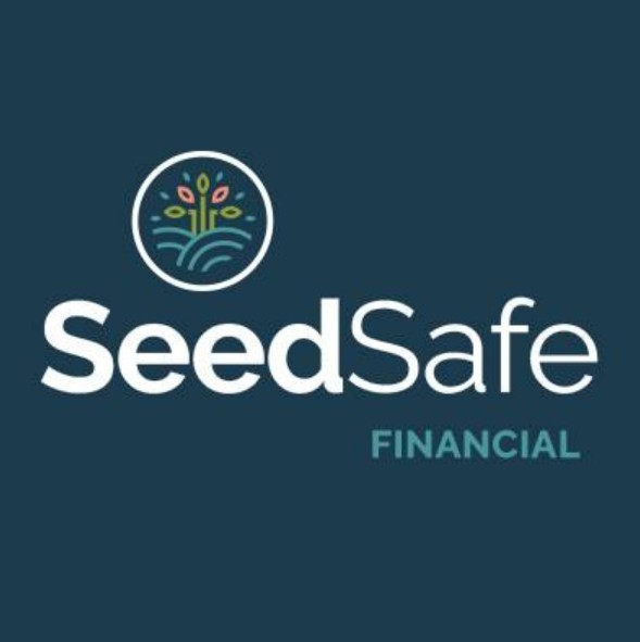 SeedSafe Financial logo on a blue background. Features a circular emblem with a stylized plant and leaves above waves, and the text "SeedSafe FINANCIAL" to the right of the emblem.