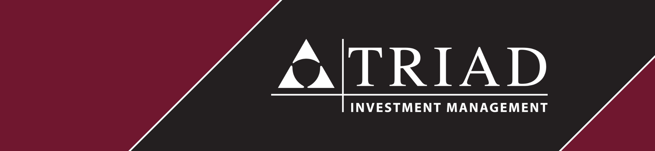 Logo for Triad Investment Management. White text and a triangular symbol are set on a black diagonal band with maroon sections on the upper left and lower right corners.