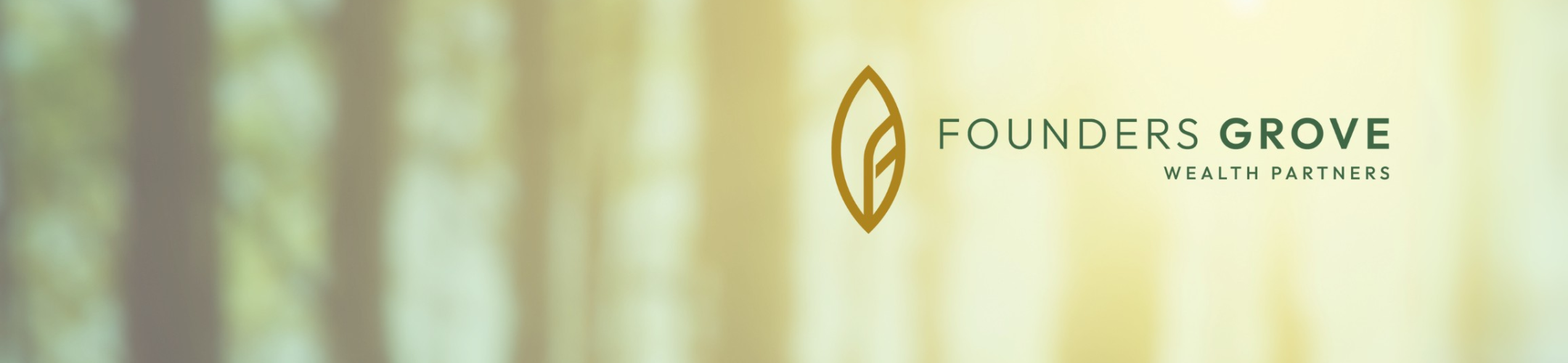 Logo of Founders Grove Wealth Partners on a blurred, light green forest background, featuring a stylized gold leaf icon to the left of the company name.