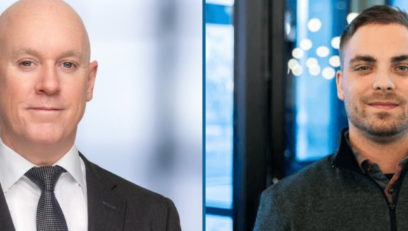 Two men are shown side by side in a split image. The man on the left is bald, wearing a suit and tie, and stands against a light background. The man on the right has short hair, a beard, and wears a dark sweater in a modern indoor setting.