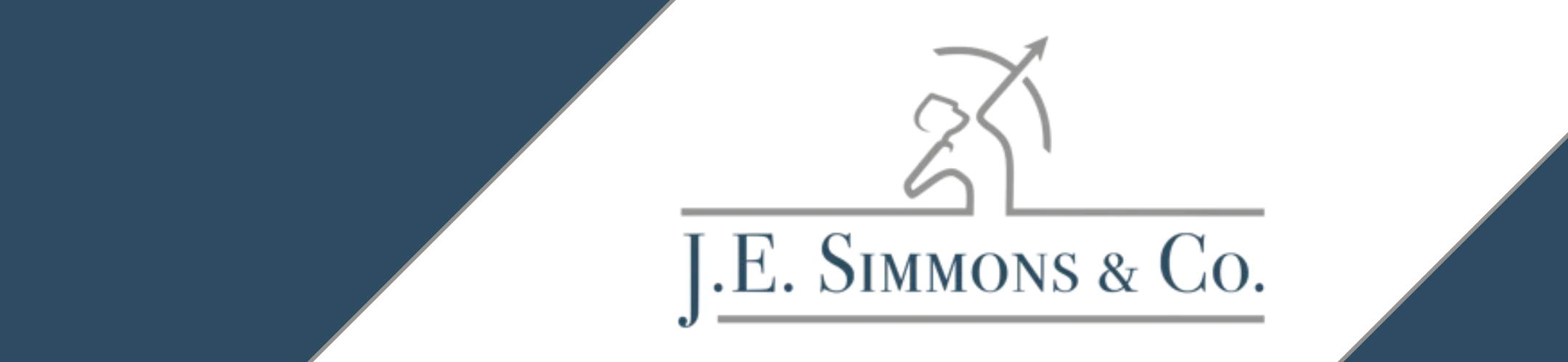 Logo for J.E. Simmons & Co. featuring a stylized archer drawing a bow inside a gray outline, with company name below, on a background with dark blue and white diagonal sections.