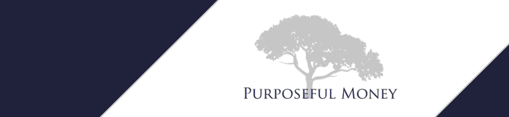 A gray tree graphic is centered on a white background with dark blue diagonal borders. Below the tree, the words 