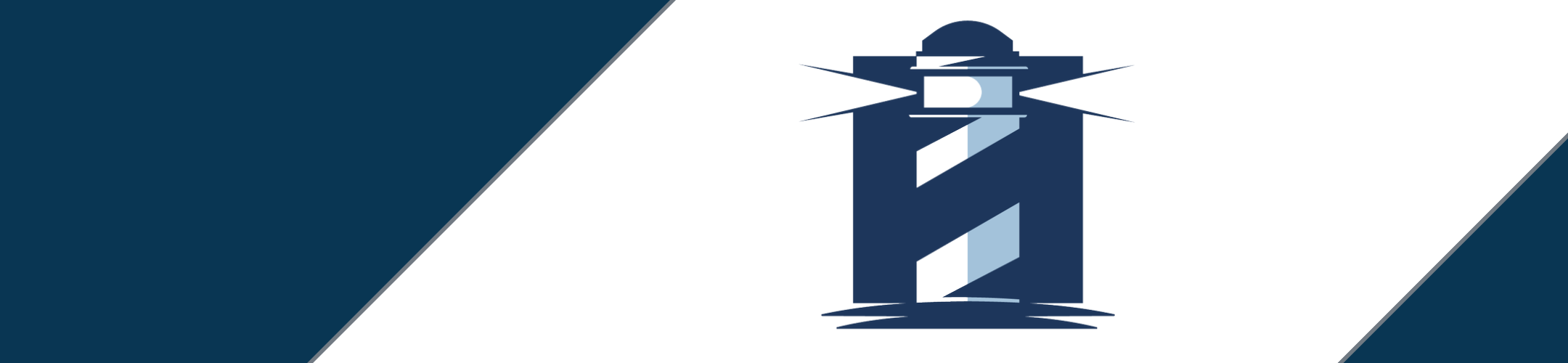 Stylized dark blue lighthouse on a white background, with diagonal navy blue borders on the left and right edges. Light beams emit from the top of the lighthouse.
