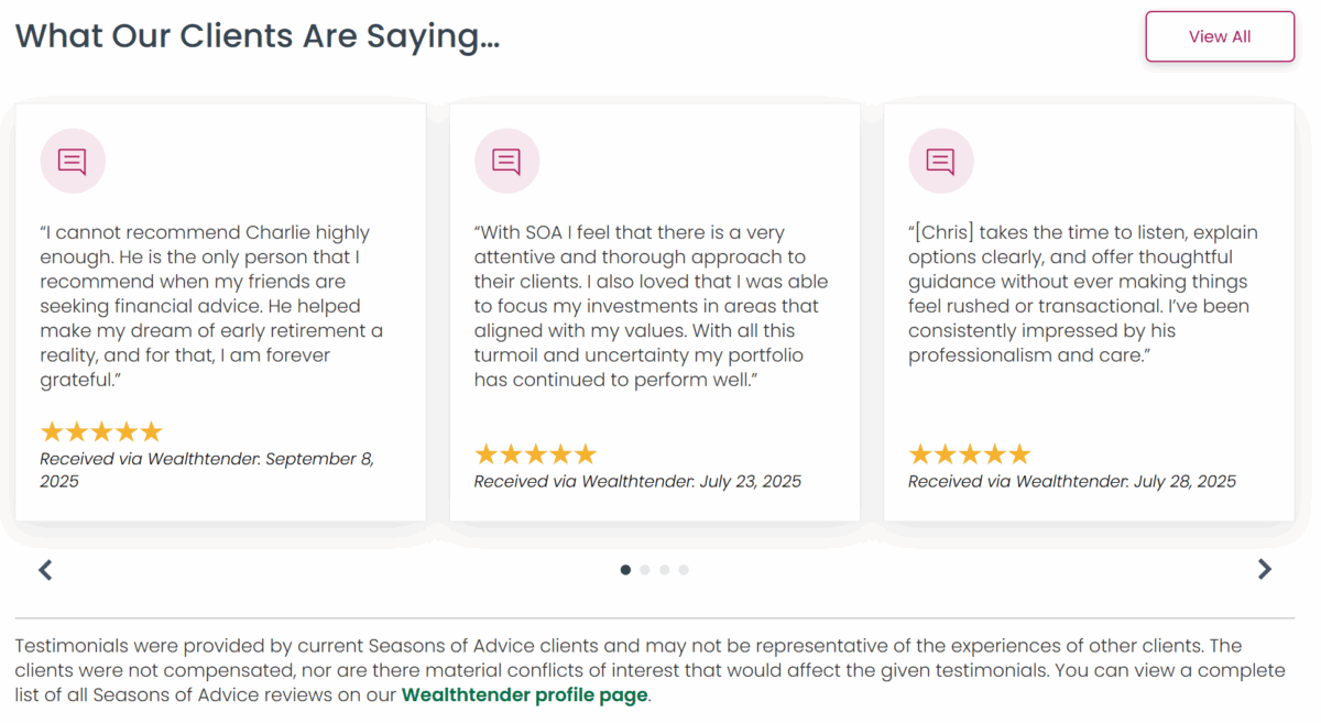 Three client testimonials are shown in cards with 5-star ratings, sharing positive feedback about their financial advisor. Each card lists the review date and mentions reviews were received via Wealthtender.