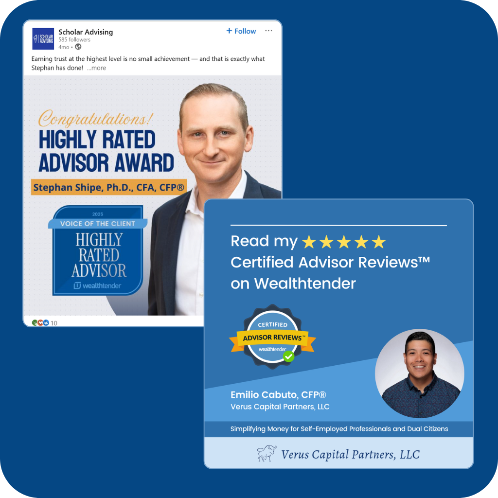 A collage with two advisor award posts: one showing Stephan Shipe with a "Highly Rated Advisor Award," and another featuring Emilio Cabuto with a five-star "Certified Advisor Reviews" badge from Wealthtender.