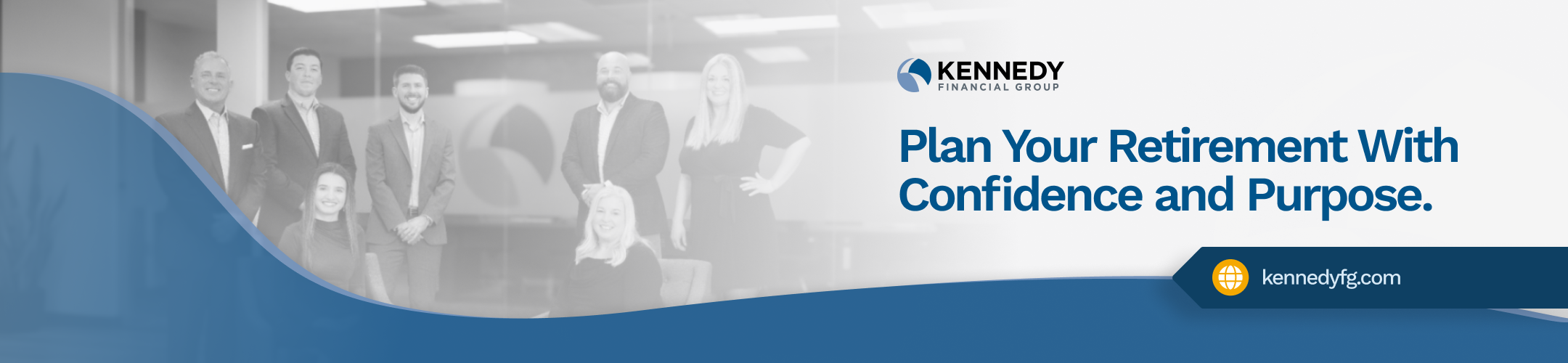 A group of professionally dressed people poses in an office. Text reads: 