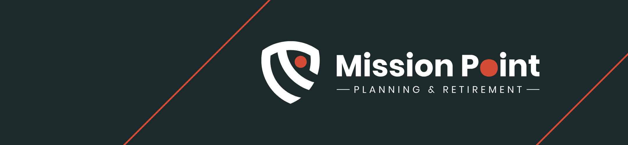 Logo for Mission Point Planning & Retirement on a dark background, featuring a stylized shield with a red dot, white text, and two diagonal red lines.