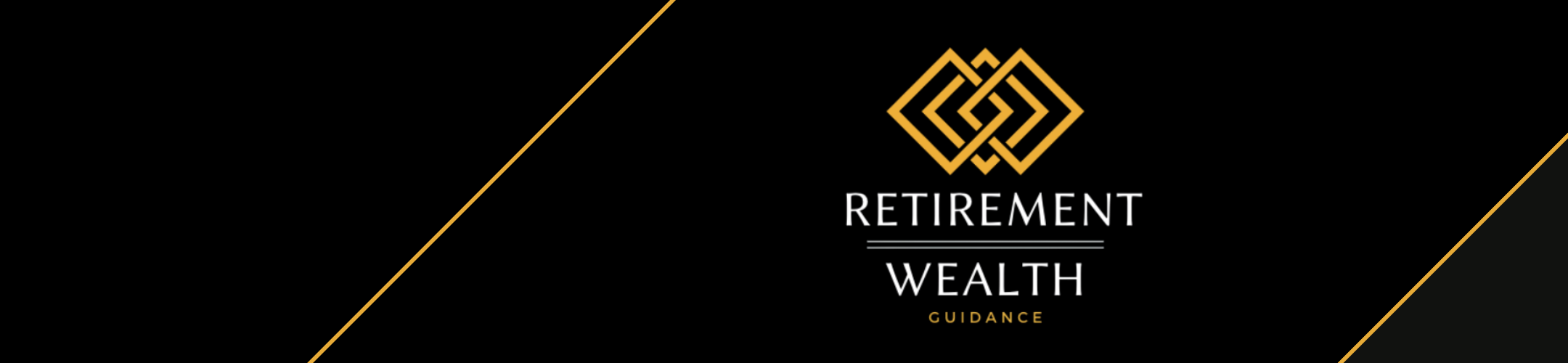 Black background with thin gold diagonal lines and a gold geometric logo above the words 