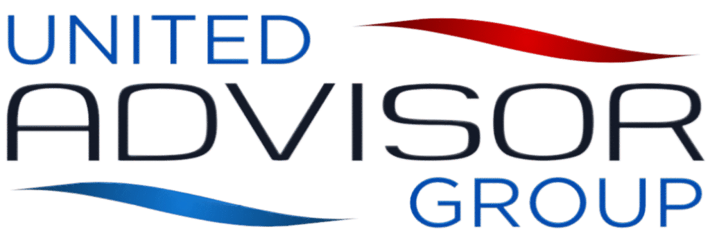 Logo for United Advisor Group with "UNITED" and "GROUP" in blue uppercase letters, "ADVISOR" in black uppercase letters, and red and blue curved lines above and below the text.