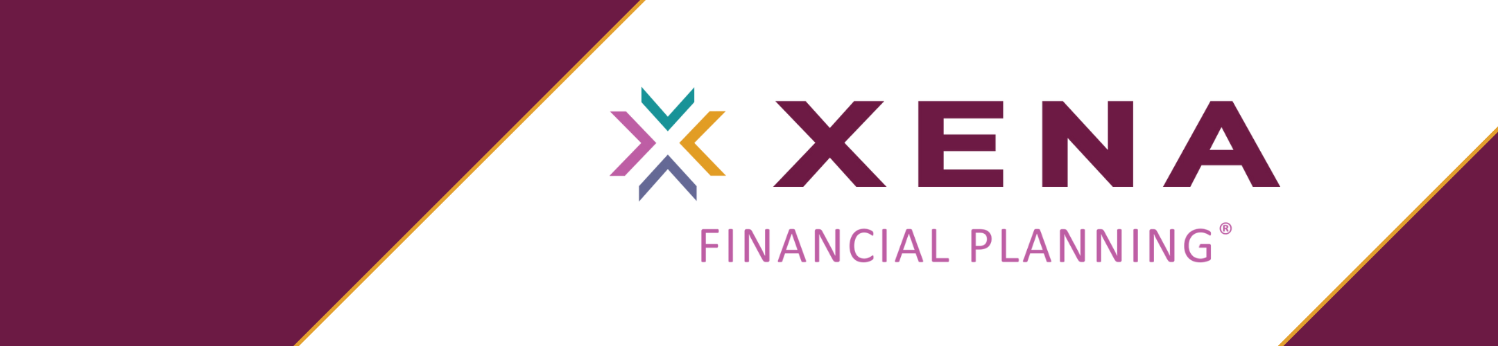XENA Financial Planning logo on a white background with maroon diagonal borders and an abstract multicolored “X” design left of the company name.