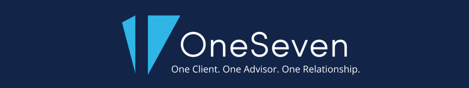 Logo for OneSeven with two blue triangular shapes and the text "OneSeven" in white. Below, a tagline reads: "One Client. One Advisor. One Relationship." on a dark blue background.
