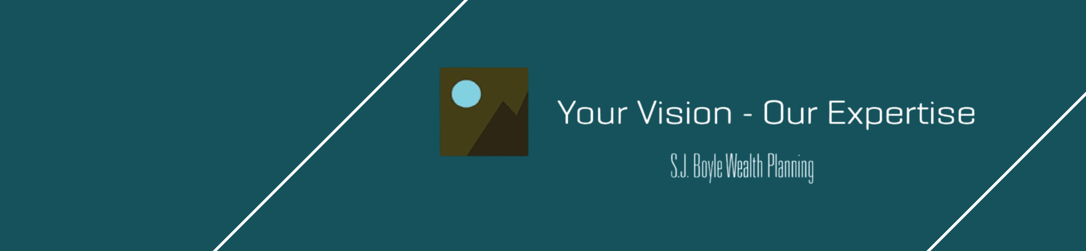 Dark teal banner with a minimalist mountain and sun logo, the text 