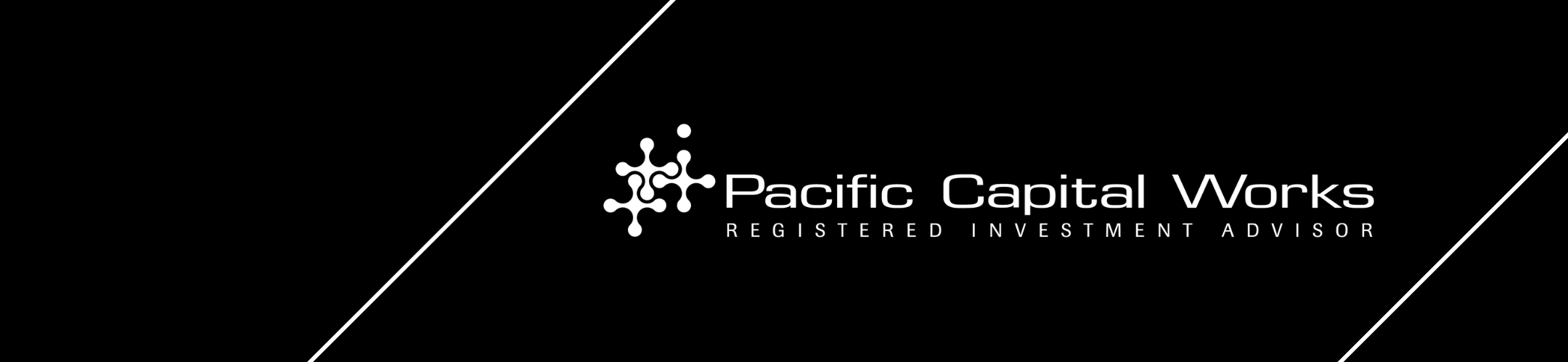 Pacific Capital Works logo with a white abstract geometric design on a black background. The text reads 