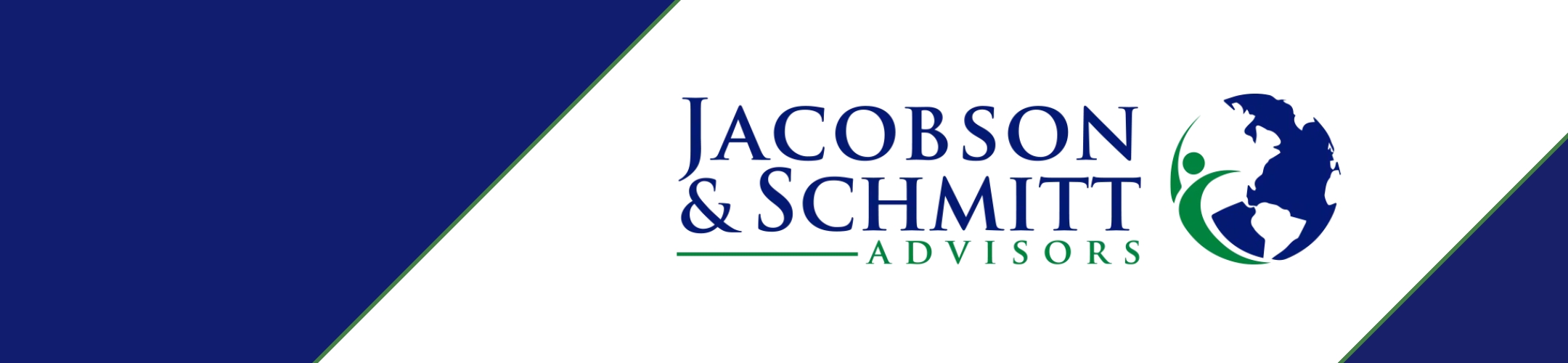 Logo for Jacobson & Schmitt Advisors featuring blue and green text next to a globe illustration with a person, on a white background bordered by dark blue diagonal sections.